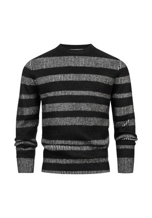 Suéter a rayas en negro y gris, con textura acanalada, escote redondo, mangas largas, que presenta rayas alternadas gruesas y finas.