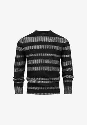 Suéter a rayas en negro y gris, con textura acanalada, escote redondo, mangas largas, que presenta rayas alternadas gruesas y finas.