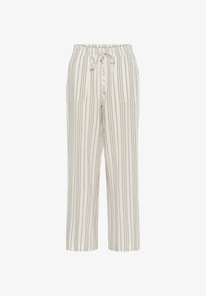 Gaišas, krēmkrāsas bikses ar pelēkbrūnām vertikālajām svītrām, elastīga josta, aukliņa un divas priekšējās kabatas.