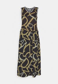 Ärmelloses Maxikleid mit V-Ausschnitt in Schwarz und Olivgrün, akzentuiert durch fette Buchstaben und ein florales Muster.