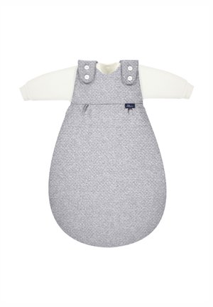 Gray sleep sack with textured fabric, white long sleeves, and snap button fastenings. Features a round neck and a soft, oval bottom shape.