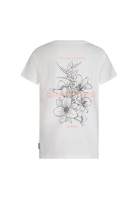 Biała bawełniana koszulka z czarnym, liniowym wzorem kwiatowym oraz pomarańczowym napisem "FOLLOW FREEDOM" i "CLOSING SUNDAY" nadrukowanym na plecach.