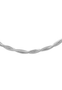 Catena d'argento intrecciata, composta da elementi metallici interconnessi, caratterizzata da una superficie liscia e da una larghezza uniforme in tutta la sua lunghezza.