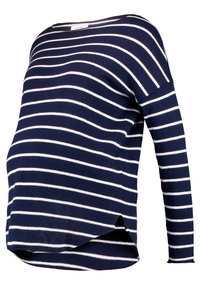 Haut de maternité à manches longues rayé bleu marine et blanc, avec encolure bateau et fente latérale à l'ourlet.