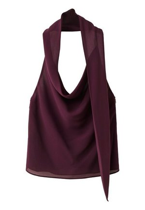 Top fără mâneci din șifon mov închis, cu decolteu drapat și detaliu lung de eșarfă atașată.