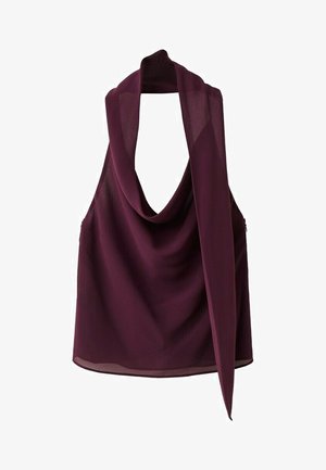 Ärmelloses dunkelviolettes Chiffon-Top mit drapiertem Wasserfallausschnitt und langem angehängtem Schal-Detail.