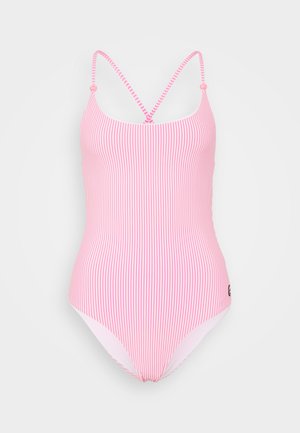 Rozā svītrainais peldkostīms ar plānām regulējamām siksnām, apaļu dekoltē un pieguļošu dizainu. Ievērojams logo kreisajā apakšējā stūrī.