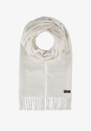 White scarf made of soft fabric, featuring long, straight fringes at both ends and a small black logo tag.