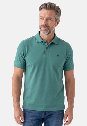 Mann mit grauem Haar und Bart, der ein türkisfarbenes Polohemd und blaue Jeans trägt, vor schlichtem hellem Hintergrund stehend, leicht nach links blickend.