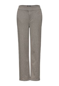 Pantalons à carreaux en gris clair et noir, avec une taille large, une coupe droite et un tissu texturé.