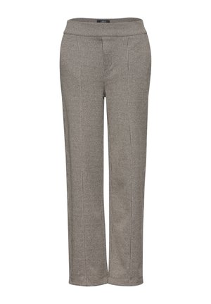 Pantalones de cuadros en gris claro y negro, con una cintura ancha, diseño de pierna recta y una tela texturizada.