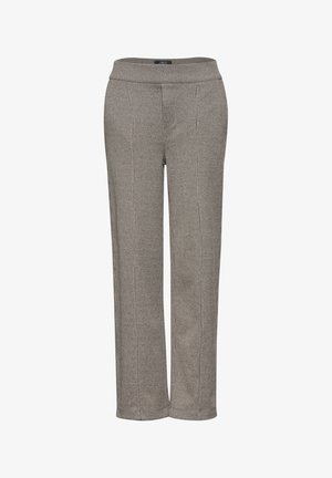 Karo-Hosen in Hellgrau und Schwarz, mit einem breiten Taillenbund, geradem Bein und strukturiertem Stoff.