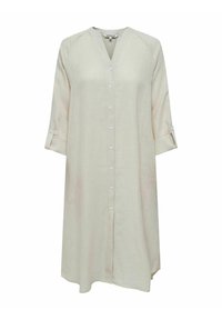 Abito di lino beige chiaro con bottoni frontali, scollo a V e maniche tre quarti. Presenta risvolti per le maniche e una vestibilità ampia.
