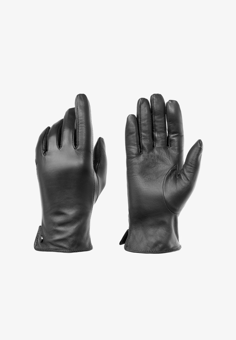 Schwarze Lederhandschuhe mit glatter Textur, geraden Fingern, einem enganliegenden Design und Verstärkungen am Handgelenk.