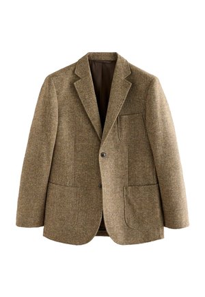 Brauner Tweed-Blazer mit zwei Fronttaschen, Reverskragen, Zwei-Button-Verschluss und einem weichen, strukturierten Stoff. Innenfutter in Dunkelbraun.