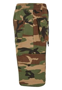 Kamuflage cargo shorts i grøn, brun og tan. Lavet af bomuld, med flere lommer og en elastisk talje for komfort.