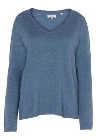 Maglione lavorato a maglia blu a maniche lunghe con scollo a V e un sottile dettaglio perforato lungo le spalle, caratterizzato da una vestibilità rilassata e polsini e orlo a coste.