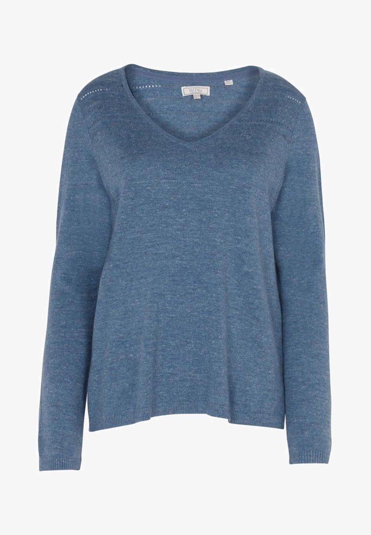Maglione lavorato a maglia blu a maniche lunghe con scollo a V e un sottile dettaglio perforato lungo le spalle, caratterizzato da una vestibilità rilassata e polsini e orlo a coste.