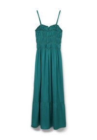 Türkise ärmellose Maxi-Kleid mit verstellbaren dünnen Trägern, gerafftem Oberteil und gestuftem Rock vor einem weißen Hintergrund.