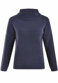 Navy blauwe turtleneck trui heeft een geribbelde textuur, een grote kraag en een zijzak met een minimalistisch ontwerp.
