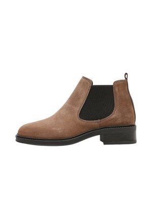 Bottines en suède marron avec des panneaux élastiques sur les côtés, un bout rond et un petit talon bloc. Présente des coutures le long des bords et une languette.