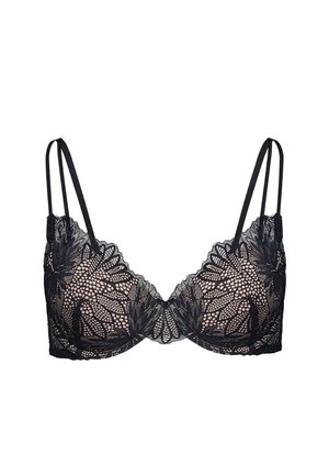 Czarny koronkowy biustonosz na fiszbinach z kwiatowym wzorem i podwójnymi cienkimi ramiączkami na neutralnym tle.