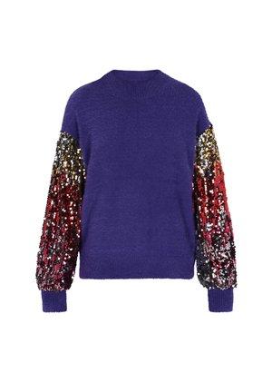 Purple sweater with long, sequined sleeves in red, black, and gold. Soft texture, crew neck, and ribbed cuffs. Back view shown.