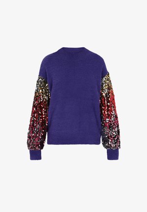 Purple sweater with long, sequined sleeves in red, black, and gold. Soft texture, crew neck, and ribbed cuffs. Back view shown.