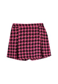 Shorts a scacchi nero e rosa con pinces, tessuto strutturato e vita aderente.