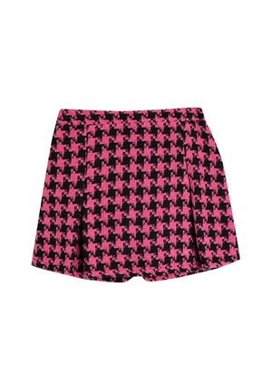 Shorts a scacchi nero e rosa con pinces, tessuto strutturato e vita aderente.