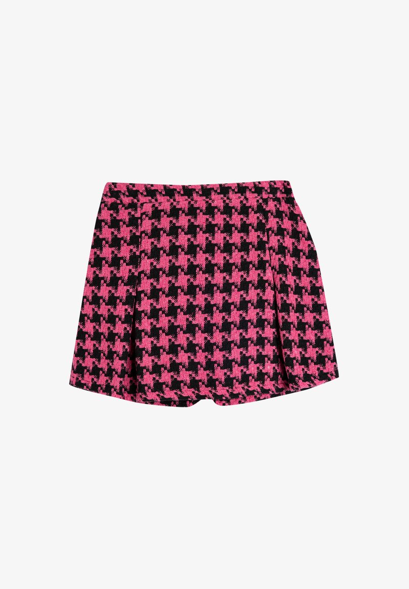 Shorts à motif pied-de-poule noir et rose avec des plis, en tissu structuré et taille ajustée.