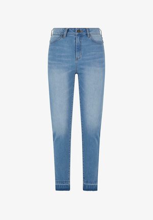 Lys blå denimjeans med smal passform, høy midje og subtil falming; har klassisk design med fire lommer og oppbrettede mansjetter.