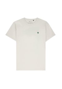 Helles graues Baumwoll-T-Shirt mit kurzen Ärmeln, Rundhalsausschnitt und einem kleinen grünen Baum-Emblem auf der linken Brust. Glatte Textur.