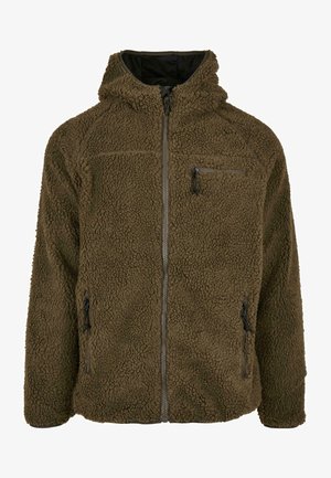 Giacca con cappuccio in pile marrone con superficie texture, chiusura frontale con zip, due tasche laterali e una tasca sul petto con chiusura a zip.