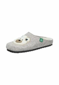 Gray felt slipper with a textured bear face design on the upper, soft white accents, and a black rubber sole for traction.