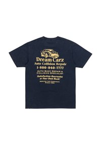 Navyblauwe katoenen t-shirt met gele tekst en een autografie op de achterkant, ter promotie van een auto ongeluk herstelservice.