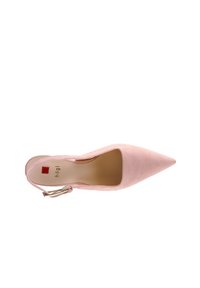 Rosa mocka slingback-sko med spetsig tå och ett utskärningsdesign, med en liten accent i guld-ton och en beige innersula med varumärkeslogotyp.