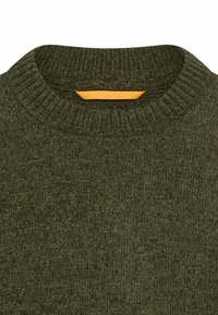 Olivengrønstrikket sweater med ribbet rund halsudskæring og en synlig orange label bagpå. Blød tekstur og ensartet mønster over det hele.