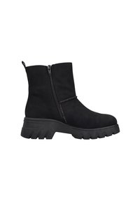 Schwarze Knöchelstiefel aus Wildleder mit einem seitlichen Reißverschluss, robuster Gummisohle und strukturiertem Finish. Mit einer Zugschlaufe an der Rückseite.