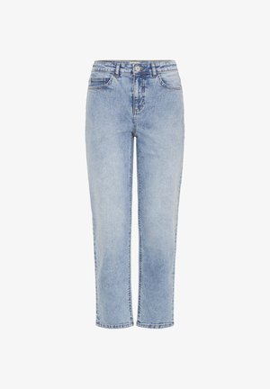 Light blue denim jeans with a straight-leg cut, featuring five pockets, a front button closure, and subtle fading for texture.