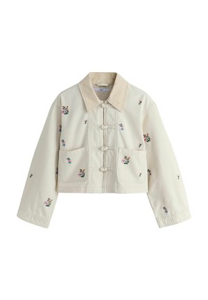 Beige cropped jacket with corduroy collar, floral embroidery, two front pockets, and fabric knot button closures.