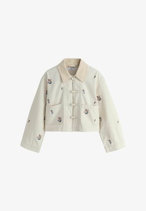 Beige cropped jacket with corduroy collar, floral embroidery, two front pockets, and fabric knot button closures.