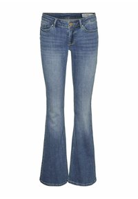 Modri traper hlače s razširjenimi nogavicami, petimi žepi, gumbnim zapiranjem in zankami za pas. Imajo svetlo pranje z rahlim zbledelostjo in brez vidnih vzorcev.