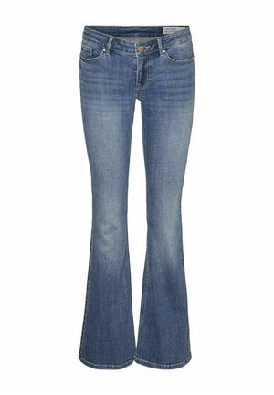 Plati mėlynos džinsinės kelnės su penkiomis kišenėmis, mygtuko užsegimu ir dirželio kilpomis. Yra šviesiai nuplautos su lengvu nudilimu ir be matomų raštų.