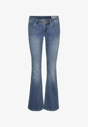 Udbulende blå denim jeans med fem lommer, knaplukning og bæltestropper. Har en lys vask med let blegning og ingen synlige mønstre.