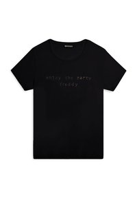T-shirt nera in cotone con maniche corte, colletto tondo e testo metallico che dice "goditi la festa freddy" stampato sul davanti.