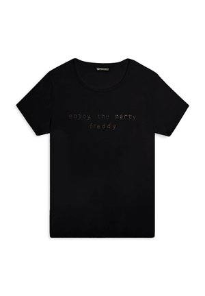 Camiseta de algodón negra con mangas cortas, cuello redondo y texto metálico que dice "disfruta de la fiesta freddy" impreso en el frente.