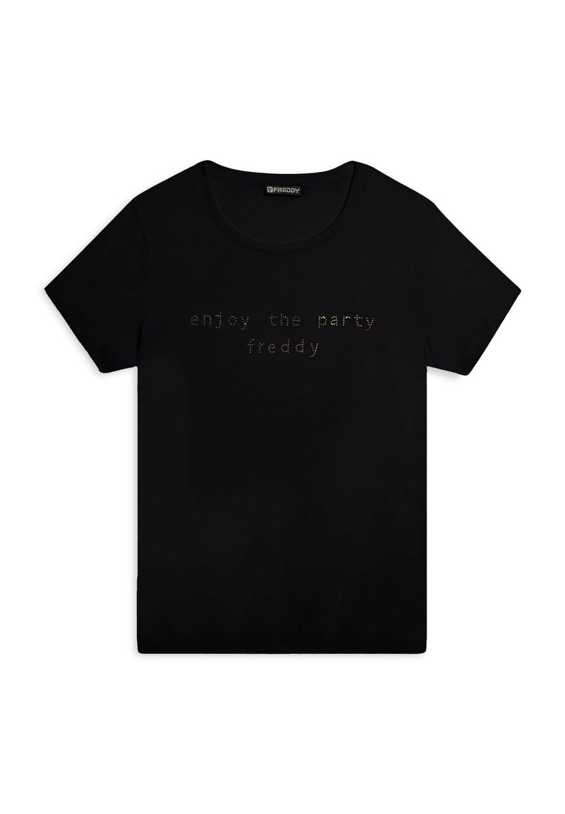T-shirt nera in cotone con maniche corte, colletto tondo e testo metallico che dice "goditi la festa freddy" stampato sul davanti.