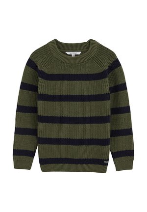Pull en maille vert avec des rayures horizontales noires, col rond et manches longues, conçu pour les enfants.