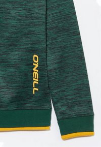 Maglia a maniche lunghe verde e nera con trama, logo O'Neill giallo, polsini rigati verdi e rivestimento giallo visibile all'orlo e ai polsini.